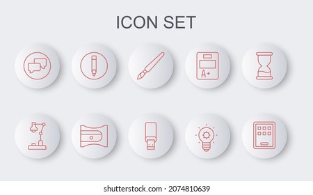 Set line Graphic tablet, Table lamp, Paint brush, Light bulb, Speech bubble chat, Pencil, sharpener and USB flash drive icon. Vector