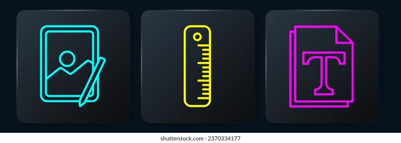 Set line Graphic tablet, Text file document and Ruler. Black square button. Vector