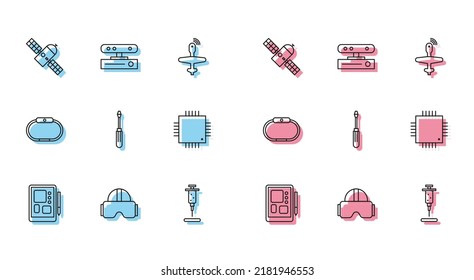 Set line Graphic tablet, Virtual reality glasses, Satellite, Syringe, Screwdriver, Processor with microcircuits CPU, Smartwatch and Motion sensor icon. Vector