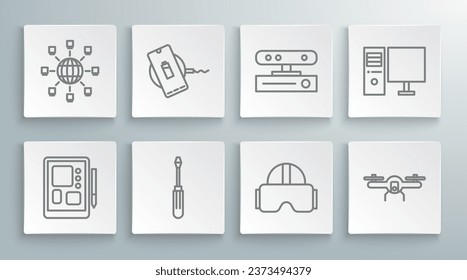 Set line Graphic tablet, Wireless charger, Screwdriver, Virtual reality glasses, Drone flying, Motion sensor, Computer monitor and Social network icon. Vector