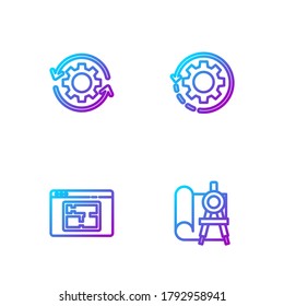 Fijar línea Papel y brújula de gráficos, plan de casa, flujo de trabajo de flechas de engranaje y . Iconos de color de degradado. Vector