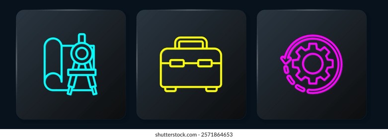Set line Graphing paper and compass, Gear arrows workflow and Toolbox. Black square button. Vector