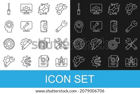 Set line Graphing paper and compass, Screwdriver wrench spanner, Wrench, arrows workflow, Location with, Human head gear inside,  and Setting smartphone icon. Vector