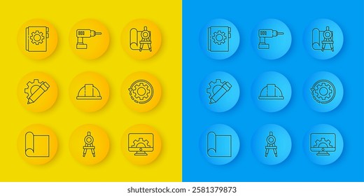 Set line Graphing paper for engineering, Pencil and gear, Worker safety helmet, Computer monitor, Gear arrows as workflow, User manual, compass and Electric drill machine icon. Vector