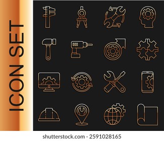 Set line Graphing paper for engineering, Setting on smartphone, Gear, Wrench and arrows as workflow, Electric drill machine, Hammer, Calliper caliper scale and process icon. Vector