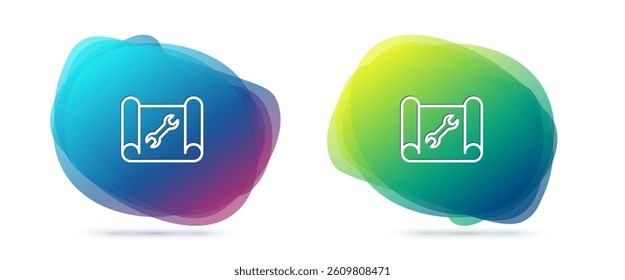 Set line Graphing paper for engineering and wrench icon isolated on white background. Abstract banner with liquid shapes. Vector