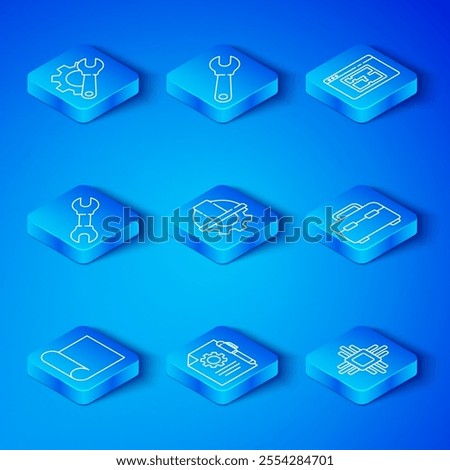 Set line Graphing paper for engineering, Worker safety helmet and gear, Document settings pen, Toolbox, House plan, Wrench spanner,  and Processor with microcircuits CPU icon. Vector