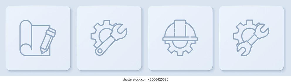 Set line Graphing paper and pencil, Worker safety helmet gear, Wrench spanner and . White square button. Vector