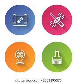 Set line Graphing paper and wrench, Screwdriver, Location with and Paint brush. Color circle button. Vector