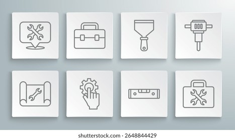 Set line Graphing paper and wrench, Toolbox, Settings the hand, Construction bubble level, Putty knife, jackhammer and Location with icon. Vector