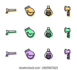 Set line Grapple crane grabbed a log, Hand saw, Electric circular and Wooden axe icon. Vector