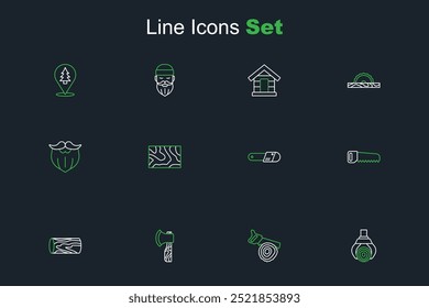 Set line Grapple crane grabbed a log, Hand saw and, Wooden axe, Chainsaw, beam and Mustache beard icon. Vector