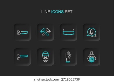 Grúa Grapple agarró un tronco, guantes protectores, leñador, sierra de mano, árbol, a dos manos, martillo cruzado e icono. Vector