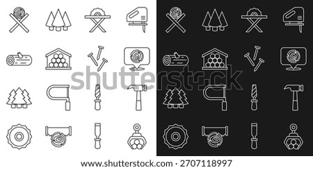 Set line Grapple crane grabbed a log, Hammer, Wooden logs, Electric circular saw, on stand and Metallic nails icon. Vector
