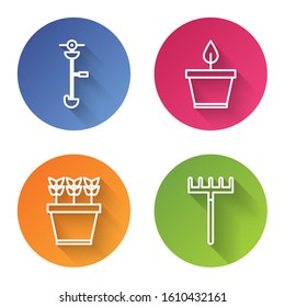 Set line Grass and weed electric string trimmer, Plant in pot, Plants in pot and Garden rake. Color circle button. Vector