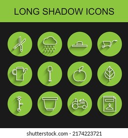 Set line Grass and weed electric string trimmer, Flower pot, Gardening handmade scissors, Tractor, A pack full of seeds of specific plant, Shovel, Leaf and Apple icon. Vector