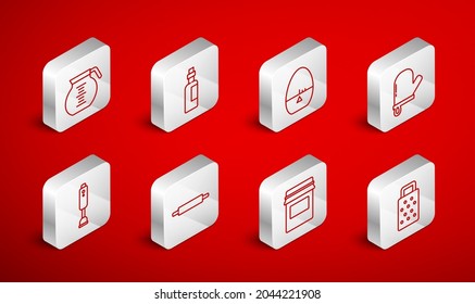 Set line Grater, Bottle of olive oil, Kitchen timer, Oven glove, Jam jar, Coffee pot, Rolling pin and Blender icon. Vector
