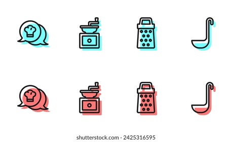 Set line Grater, Chef hat in speech bubble, Manual coffee grinder and Kitchen ladle icon. Vector