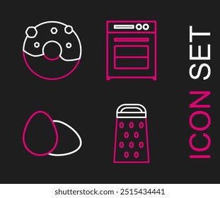 Set line Grater, Chicken egg, Oven and Donut with sweet glaze icon. Vector