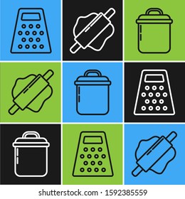 Set line Grater , Cooking pot  and Rolling pin  icon. Vector