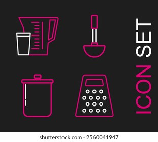 Set line Grater, Cooking pot, Kitchen ladle and Measuring cup icon. Vector