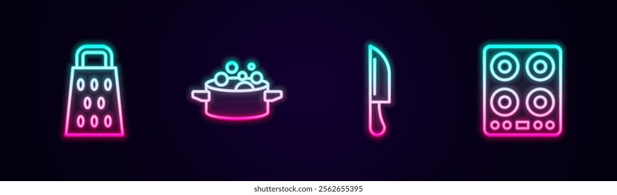 Set line Grater, Cooking pot, Knife and Gas stove. Glowing neon icon. Vector