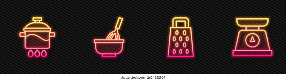 Set line Grater, Cooking pot, Kitchen whisk with bowl and Scales. Glowing neon icon. Vector