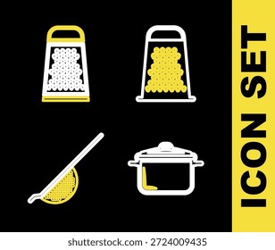 Set línea Rallador, olla de cocina, colador de cocina e icono. Vector