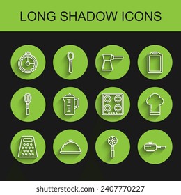Set line Grater, Covered with tray of food, Kitchen timer, Spatula, Frying pan, Teapot, Chef hat and Gas stove icon. Vector