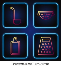 Set line Grater , Cutting board , Kitchen ladle  and Kitchen colander . Gradient color icons. Vector