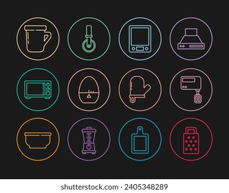 Set line Grater, Electric mixer, Electronic scales, Kitchen timer, Microwave oven, Coffee cup, Oven glove and Pizza knife icon. Vector