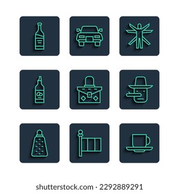 Set line Grater, Flag Italy, Coffee cup, Vitruvian Man, Handbag, Bottle olive oil, wine icon. Vector