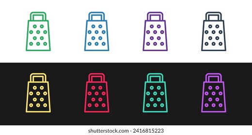 Ajuste el icono Grater de línea aislado en fondo blanco y negro. Símbolo de cocina. Utensil de cocina. Cartel de cuchillería.  Vector