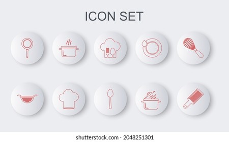 Set line Grater, Kitchen colander, Chef hat with fork spoon, Cooking pot, Frying pan,  and Spoon icon. Vector
