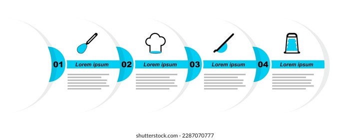 Set line Grater, Kitchen colander, Chef hat and whisk icon. Vector