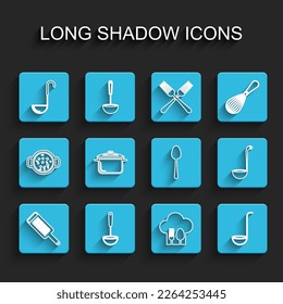 Set line Grater, Kitchen ladle, Chef hat with fork and spoon, Cooking pot,  and Spoon icon. Vector