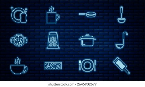 Set line Grater, Kitchen ladle, Frying pan, Cooking soup pot, Washing dishes,  and Coffee cup icon. Vector