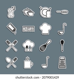 Set line Grater, Kitchen whisk, ladle, Washing dishes, Sponge with bubbles, Salt and pepper,  and Chef hat icon. Vector