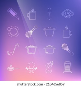 Fija la línea Grater, Kitchen whisk, café taza, cuchara, lavar platos e icono de la olla de cocina. Vector