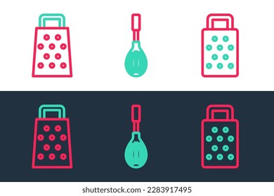 Establece la línea Grater y el icono Kitchen whisk. Vector