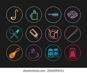 Set line Grater, Knife, Frying pan, Salt and pepper, Crossed fork spoon, Kitchen ladle, Washing dishes and Coffee cup icon. Vector