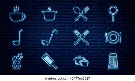 Set line Grater, Plate, fork and knife, Crossed spoon, Kitchen ladle, Coffee cup,  and Cooking pot icon. Vector