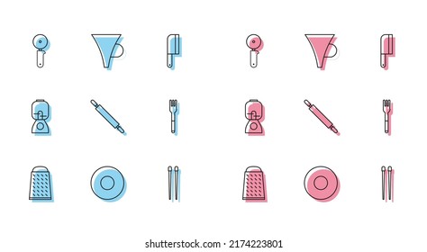 Set line Grater, Plate, Pizza knife, Food chopsticks, Rolling pin, Fork, Blender and Funnel filter icon. Vector