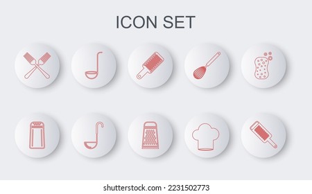 Set line Grater, Salt and pepper, Chef hat, Crossed fork, Kitchen ladle,  and  icon. Vector