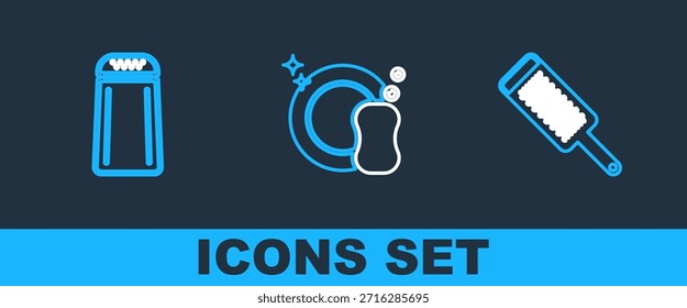 Establecer línea Rallador, sal y pimienta y lavar platos icono. Vector