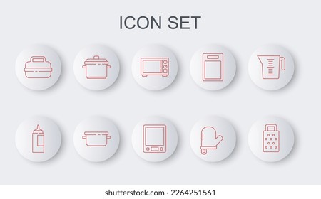 Set line Grater, Sauce bottle, Microwave oven, Oven glove, Cooking pot,  and Electronic scales icon. Vector