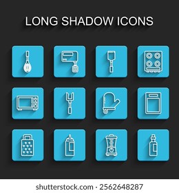 Set line Grater, Sauce bottle, Kitchen whisk, Blender, Bottle of olive oil, Barbecue fork, Cutting board and Oven glove icon. Vector