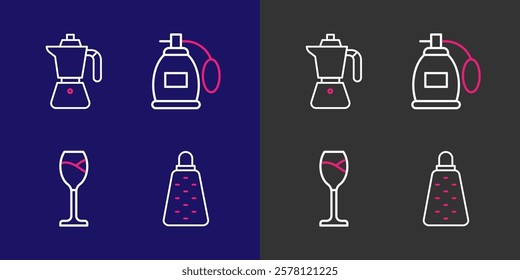 Set line Grater, Wine glass, Perfume and Coffee moca pot icon. Vector