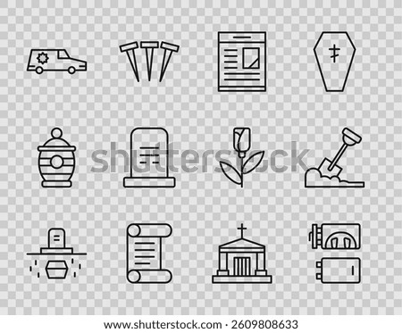 Set line Grave with coffin, Crematorium, Obituaries, Decree, parchment, scroll, Hearse car, tombstone, Old crypt and Shovel the ground icon. Vector