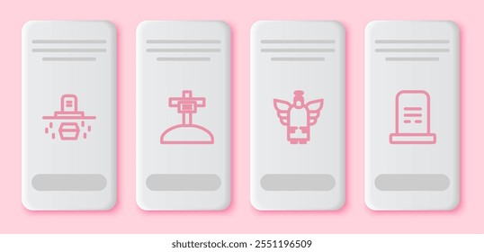 Set line Grave with coffin, cross, Christmas angel and tombstone. White rectangle button. Vector